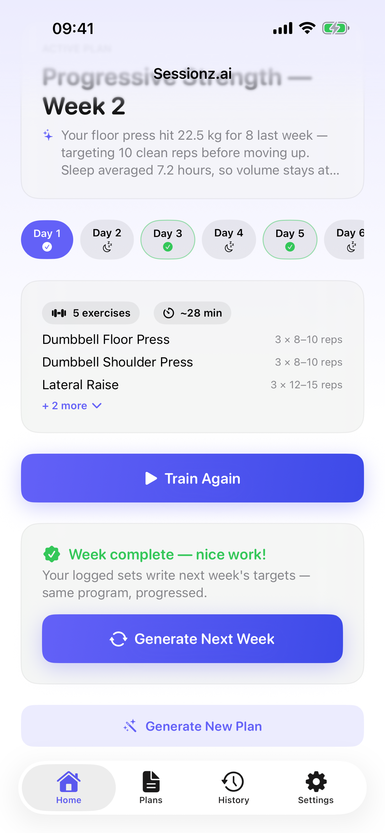 Sessionz.ai home screen showing a completed week