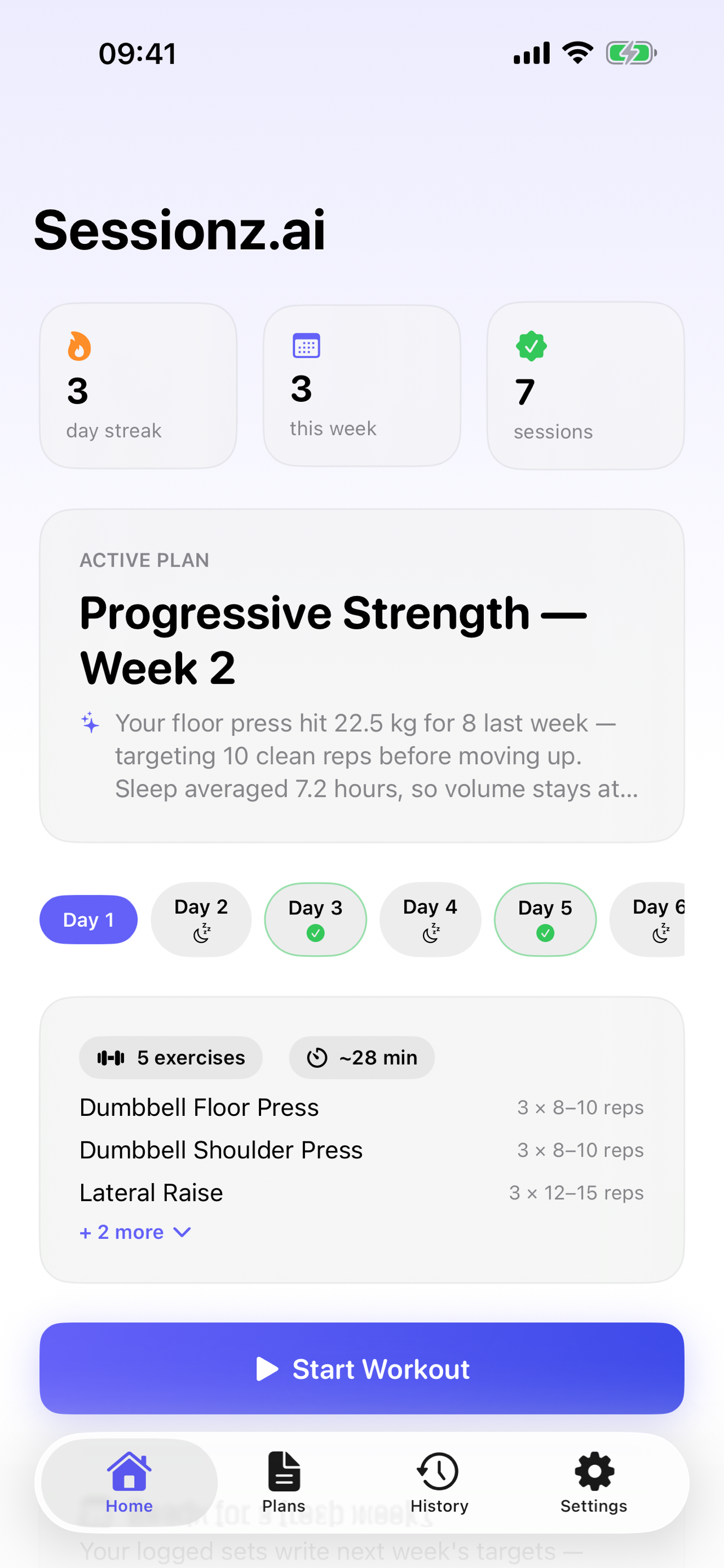 Sessionz.ai home screen with an active plan