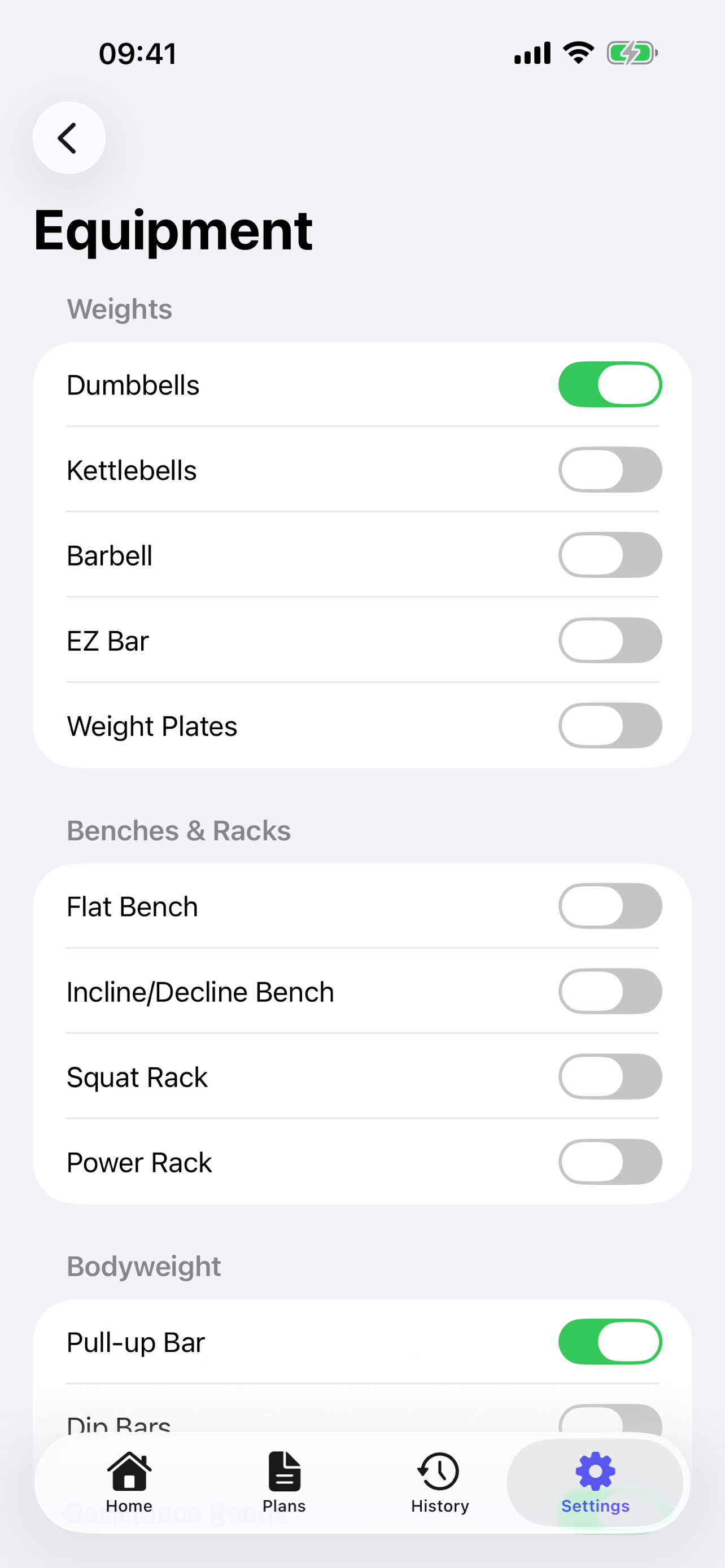 Sessionz.ai equipment selection screen